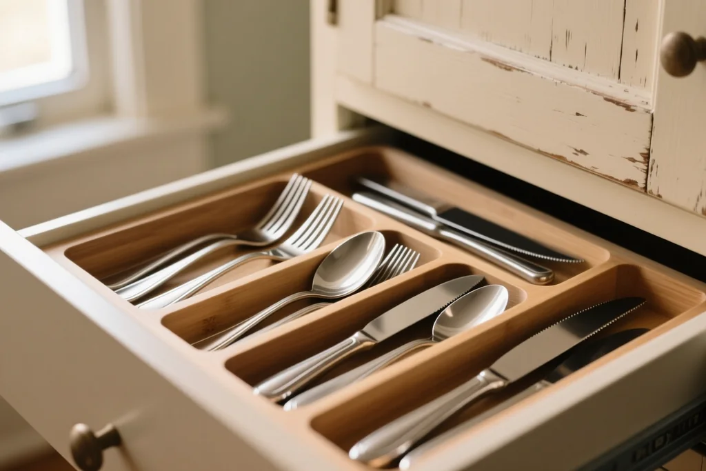 Cajón de cocina abierto con separadores y utensilios ordenados por uso