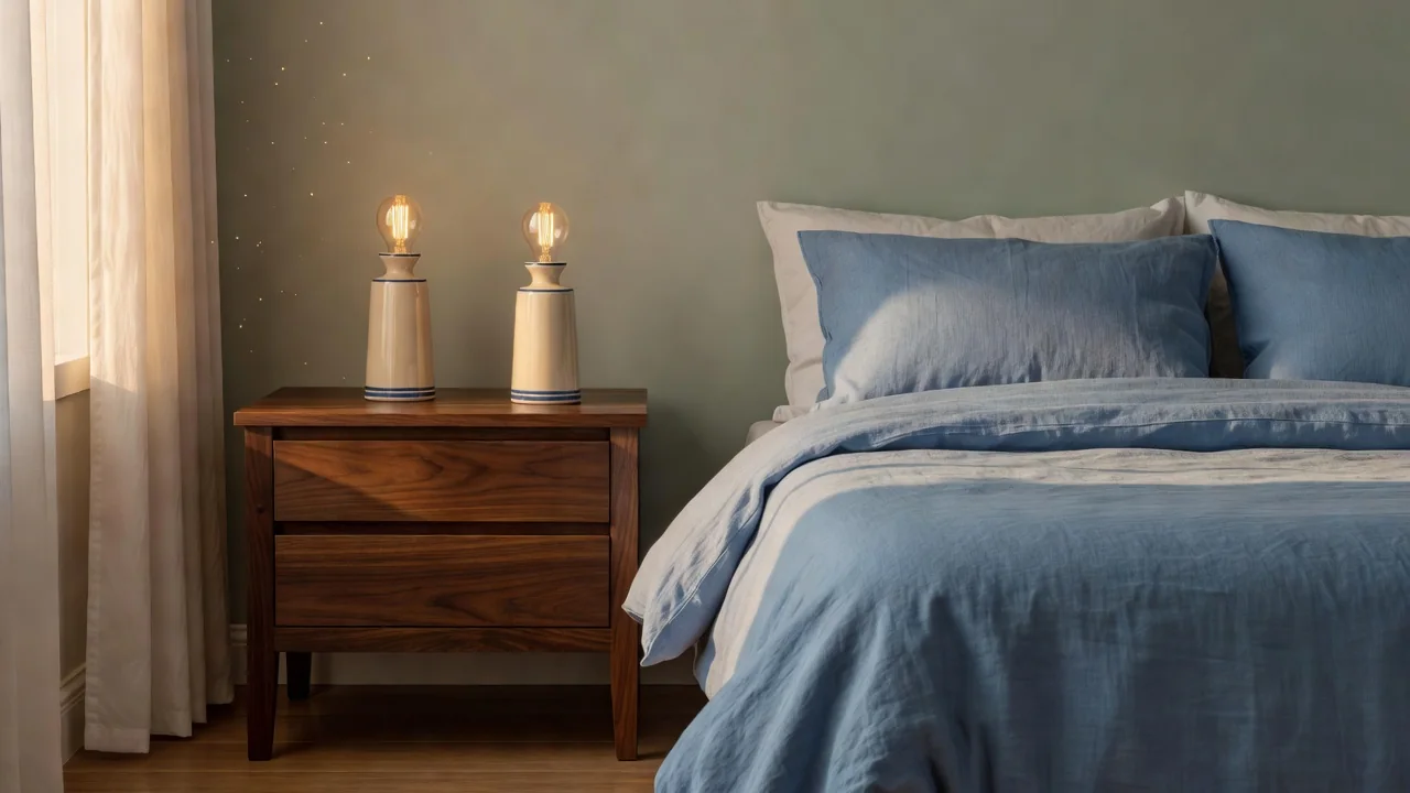 Dormitorio sereno con mesillas de madera, lámparas de cerámica y textiles en tonos azules