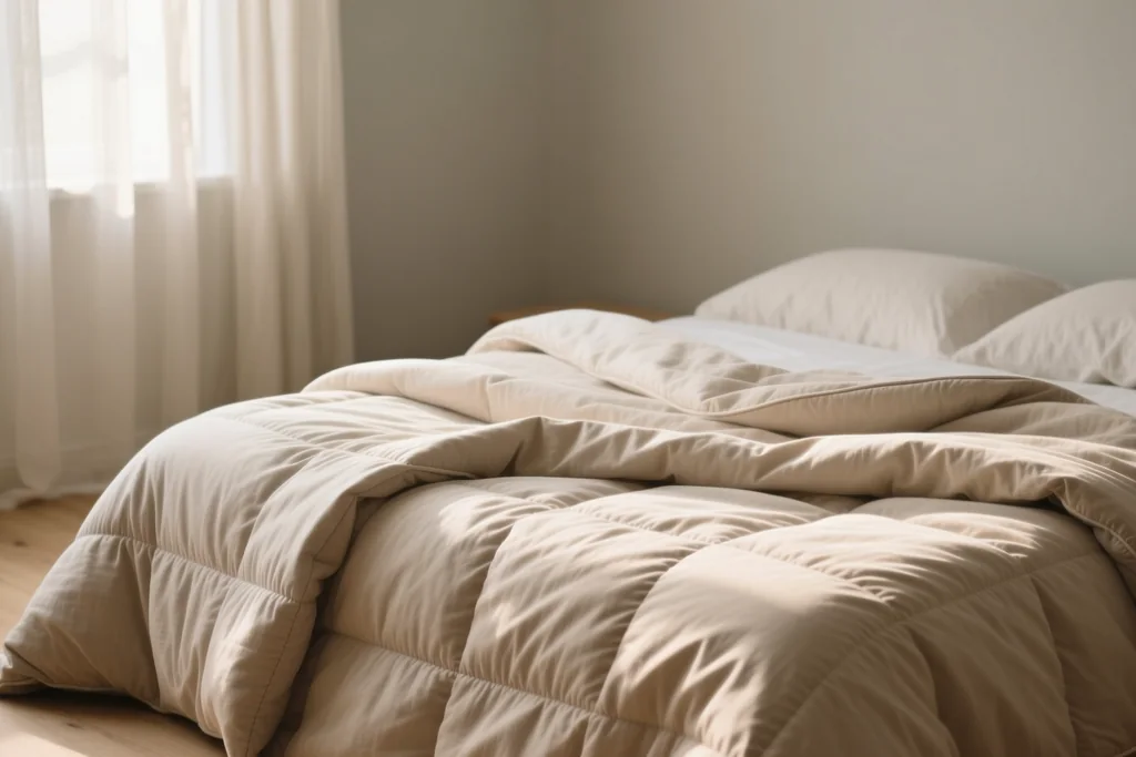 Cama vestida con sábanas de algodón y una manta ligera