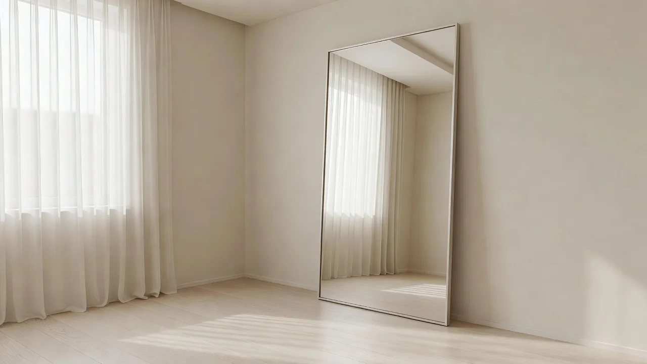 Dormitorio pequeño y luminoso en tonos blancos rotos y verde salvia, con espejo junto a la ventana