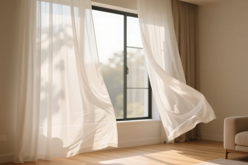Ventana con visillo claro y paredes de tono claro en un salón