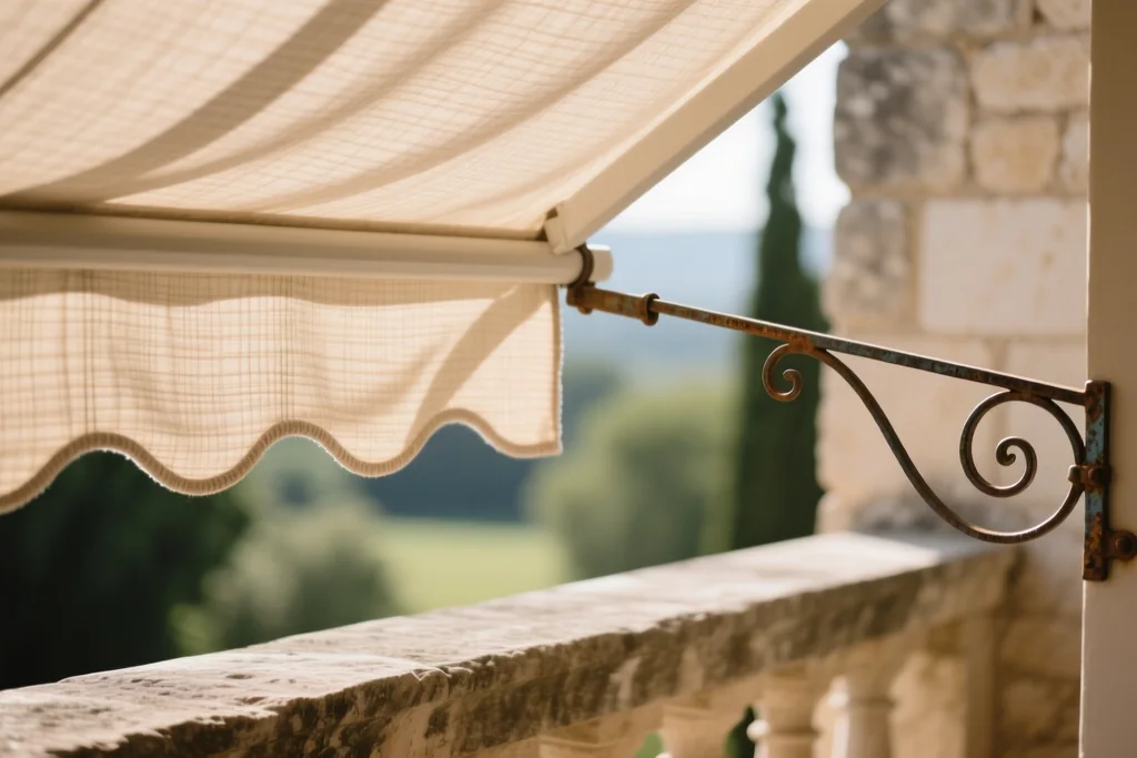 Terraza con toldo desplegado y pérgola de lamas que dan sombra sobre una mesa exterior