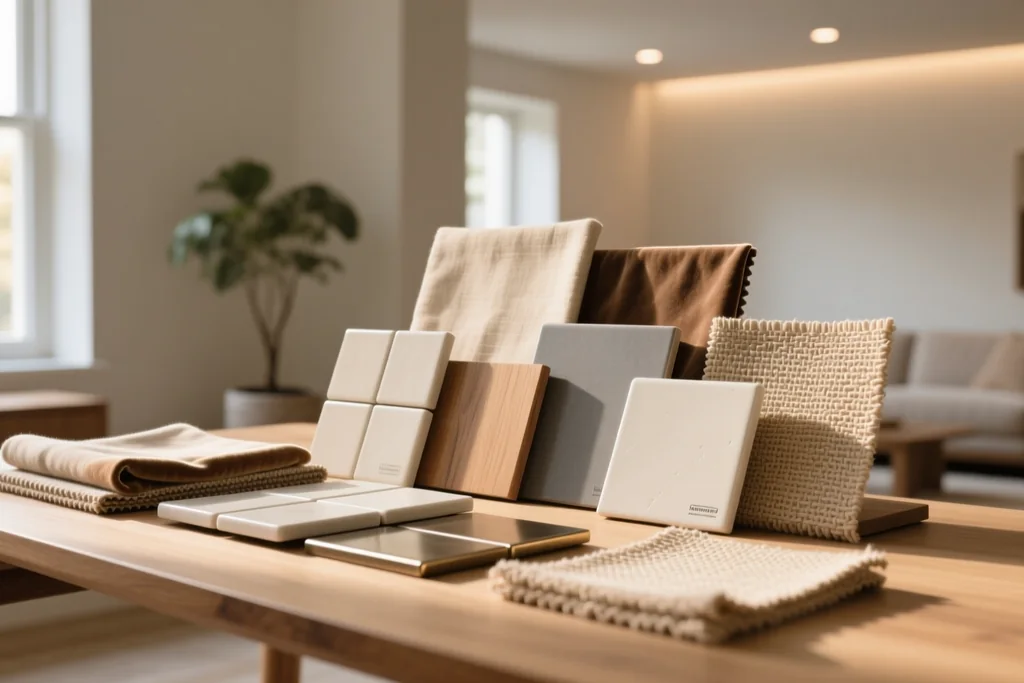 Plano de interiores y bocetos en papel junto a una pantalla con propuestas de ambiente