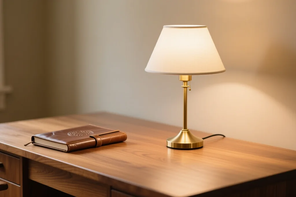 Rincón de trabajo con mesa, silla y lámpara junto a una ventana en casa