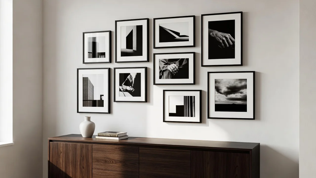 Pared galería con marcos negros y fotografías en blanco y negro colgadas en grupo