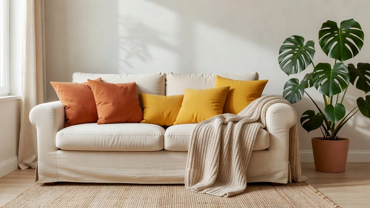 Salón renovado con funda de sofá clara, cojines en tonos tierra y plantas junto a la ventana