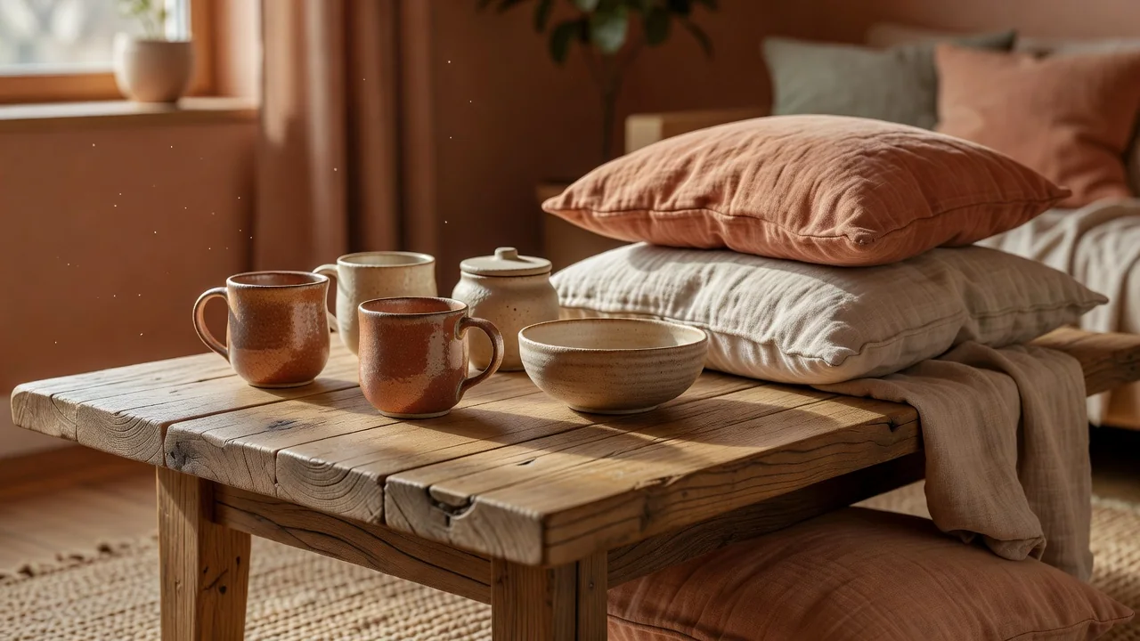 Salón de estilo cálido contemporáneo con sofá curvo, madera natural y tonos tierra