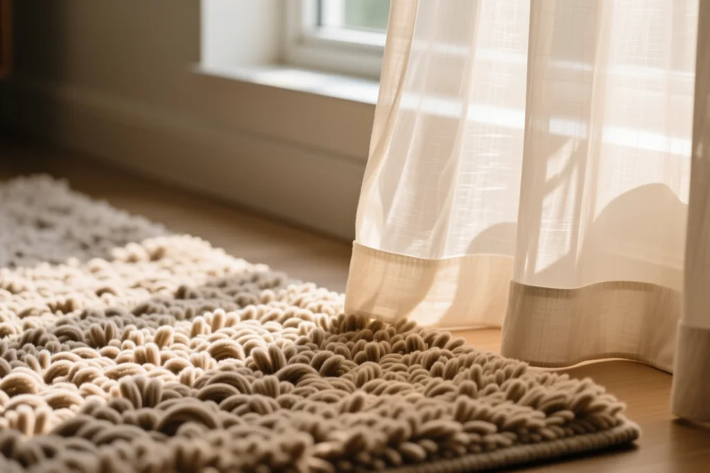 Salón con alfombra, cortinas gruesas y estantería con libros
